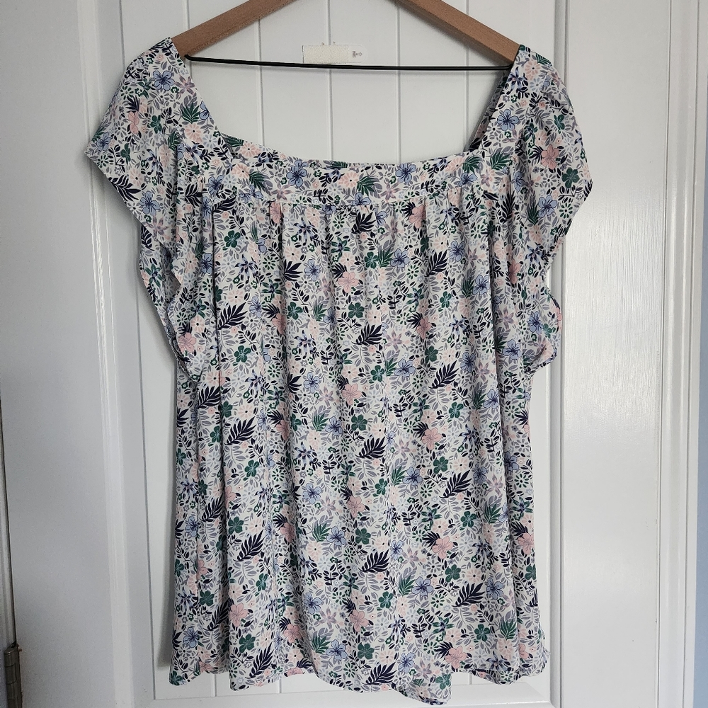 Loft pink green blue floral blouse square neck size 18